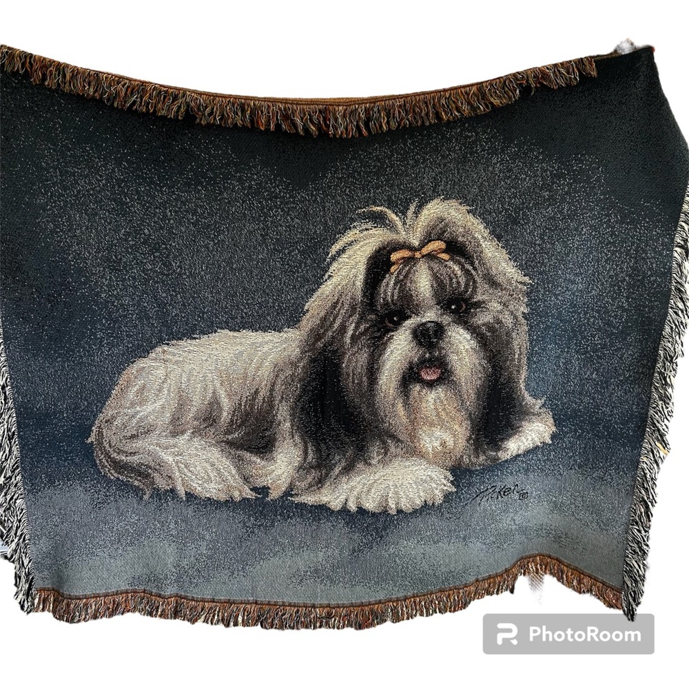Vintage Shih Tzu Dog Tapestry Blanket - Excellent Condition Made in USA